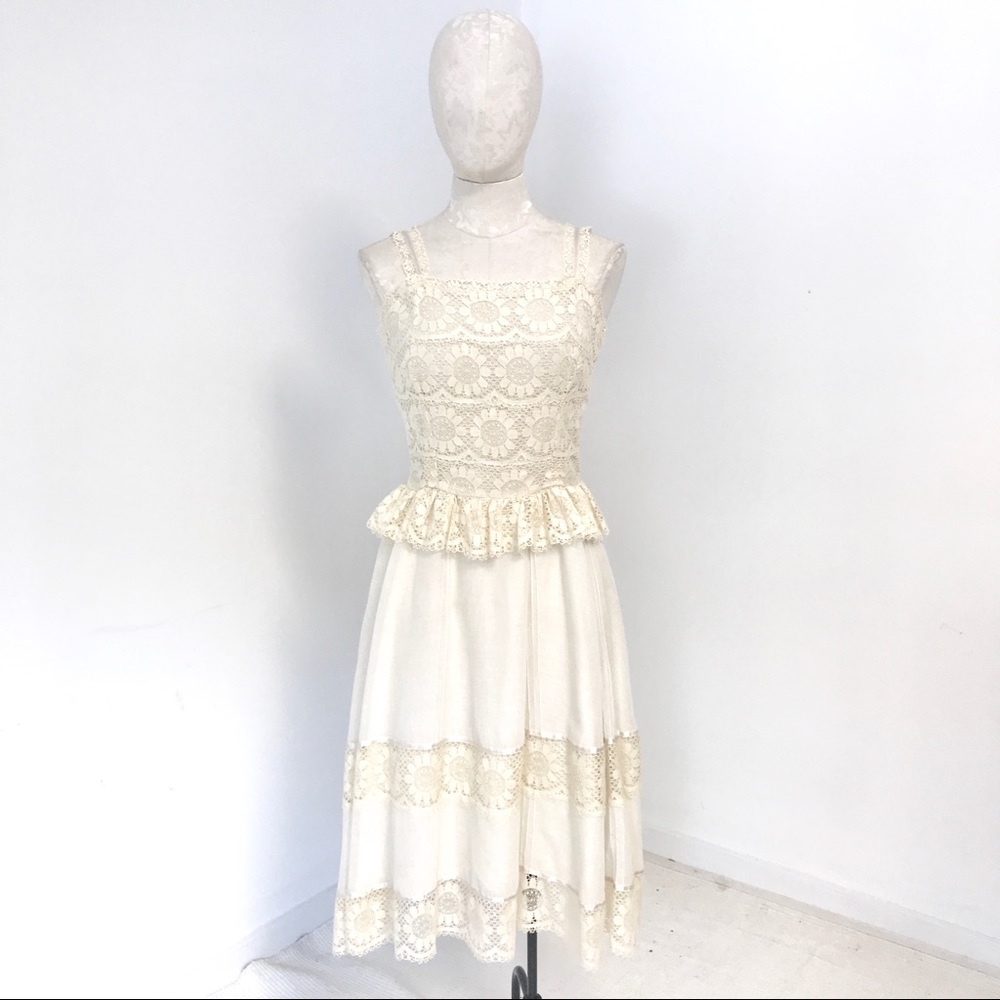 70s Vintage S/M Boho Floral Lace Midi Dress Cream - Picture 12 of 13